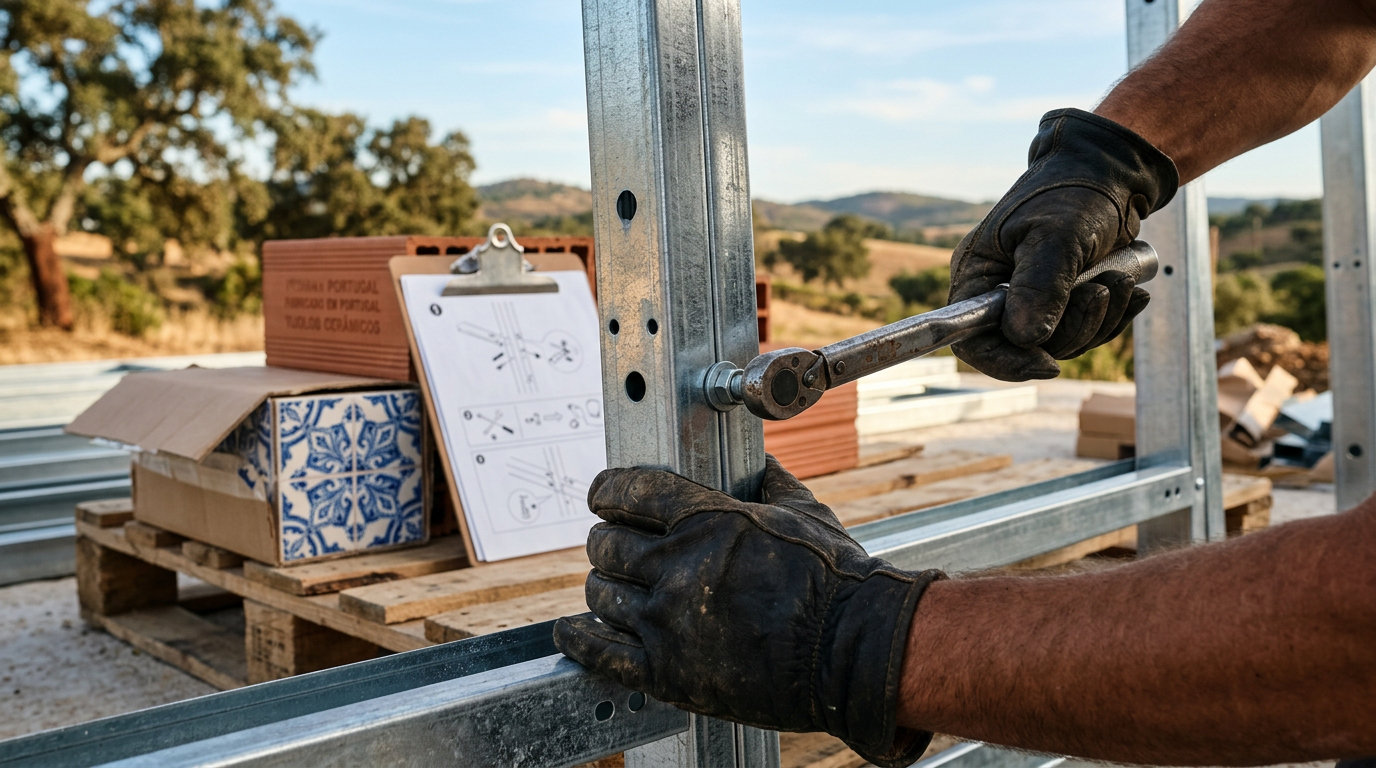 Detalhe de montagem de estrutura de aço leve sobre o chassis da Casa Base T1