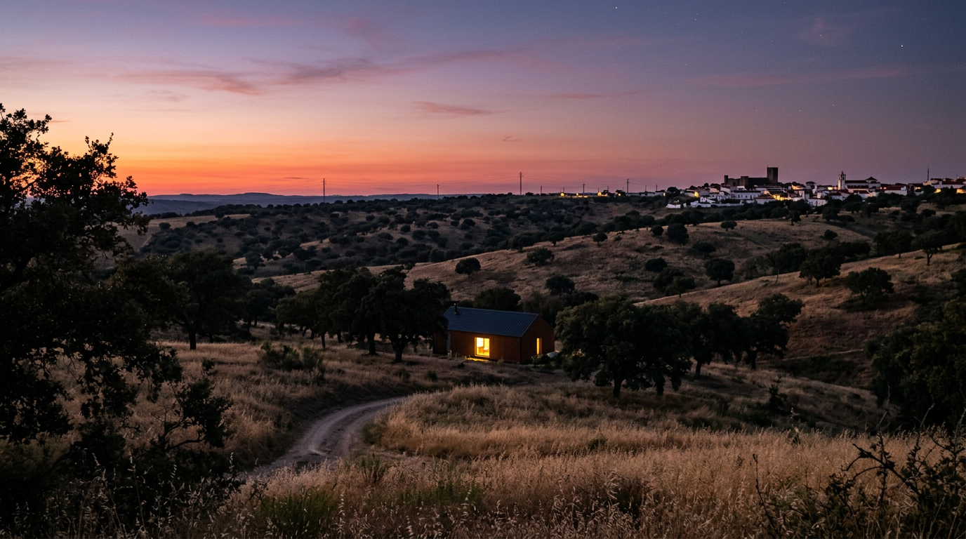 Paisagem rural do Tejo ao crepúsculo com uma casa iluminada