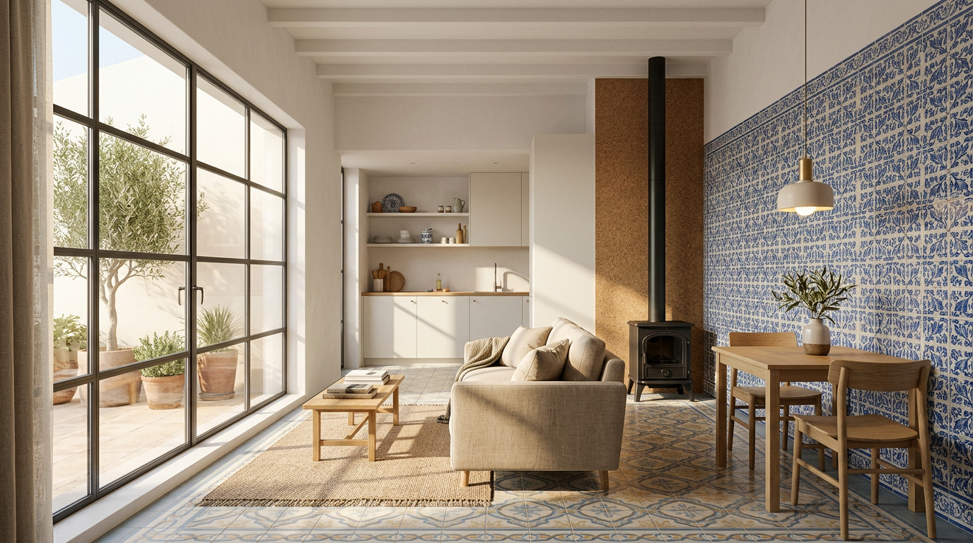 Interior da Casa Base T1 com parede de azulejo e pé-direito alto