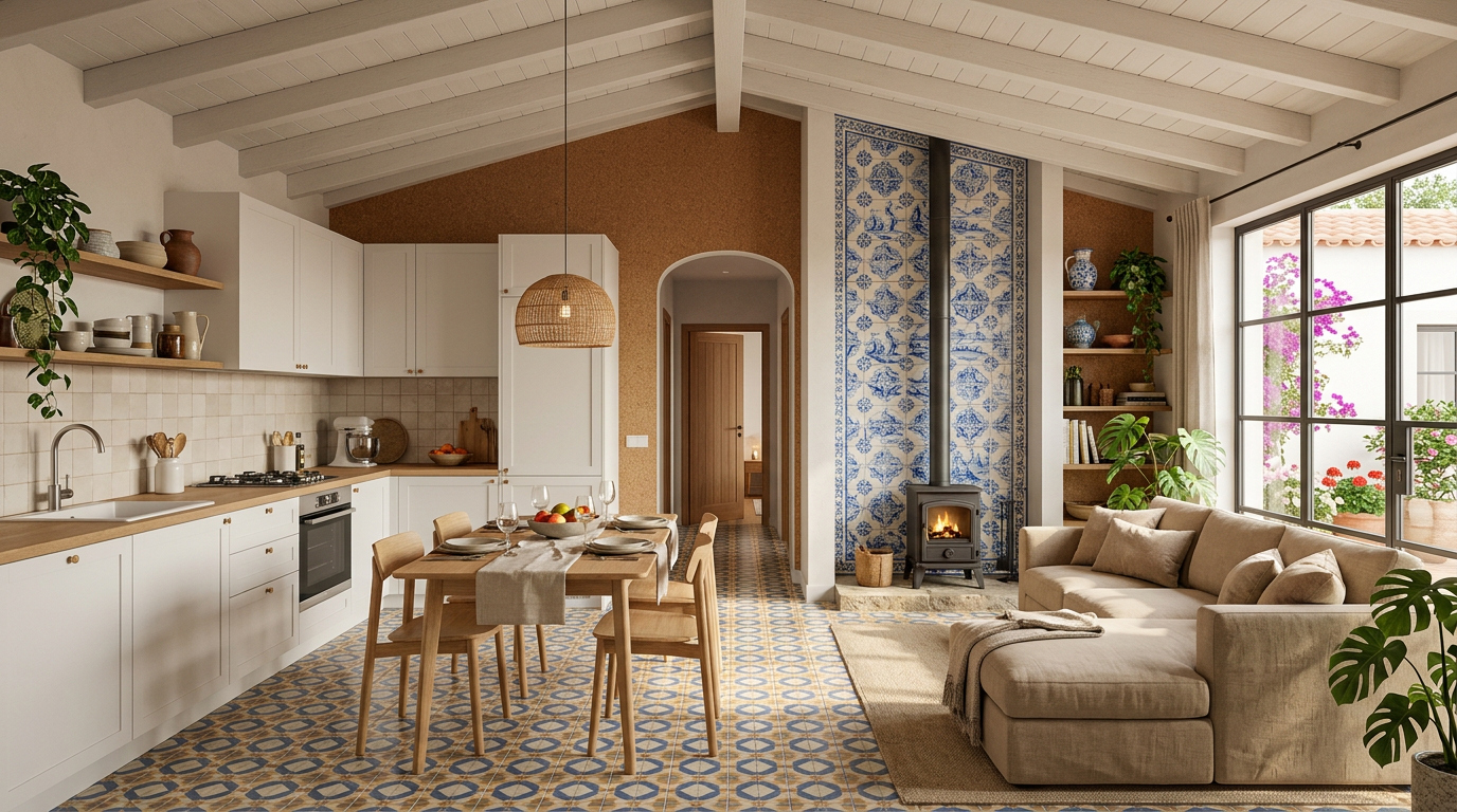 Interior da Casa Família T2+1 — sala e cozinha abertas com parede de azulejo